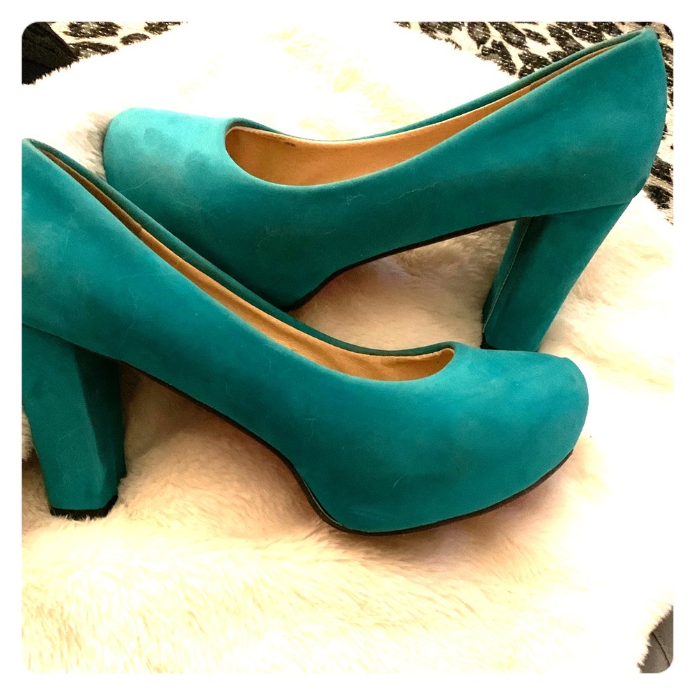 Teal suede pumps